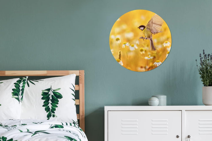 MuchoWow Wandbild Rund Wanddeko Deko Wohnzimmer Bilder 60x60 cm Vogel - Kohlmeise - Blumen - Gänsebl