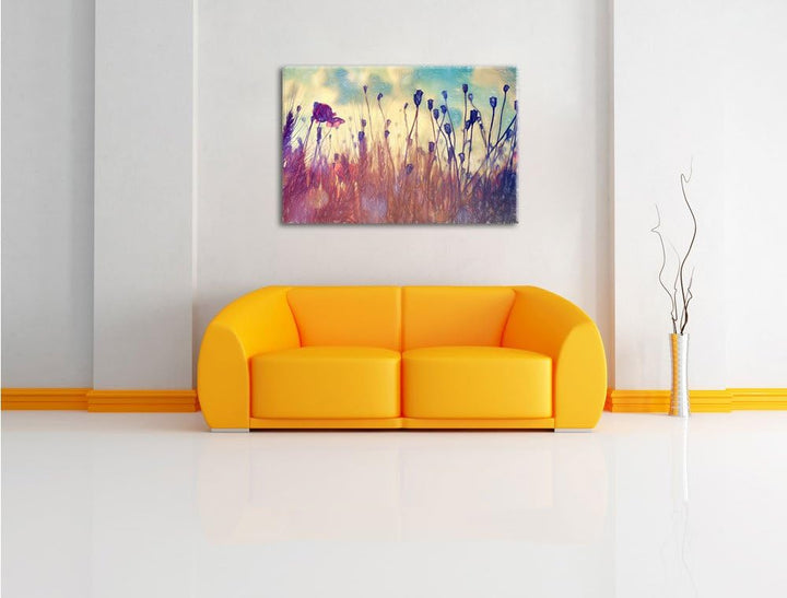Pixxprint Mohn im Weizenfeld Kunst Buntstift Effekt, Format: 100x70 auf Leinwand, 100x70