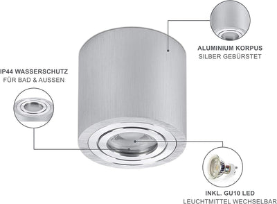 lambado® LED Aufbaustrahler IP44/Deckenstrahler Set inkl. 230V GU10 Spots - Wasserschutz für Bad & A