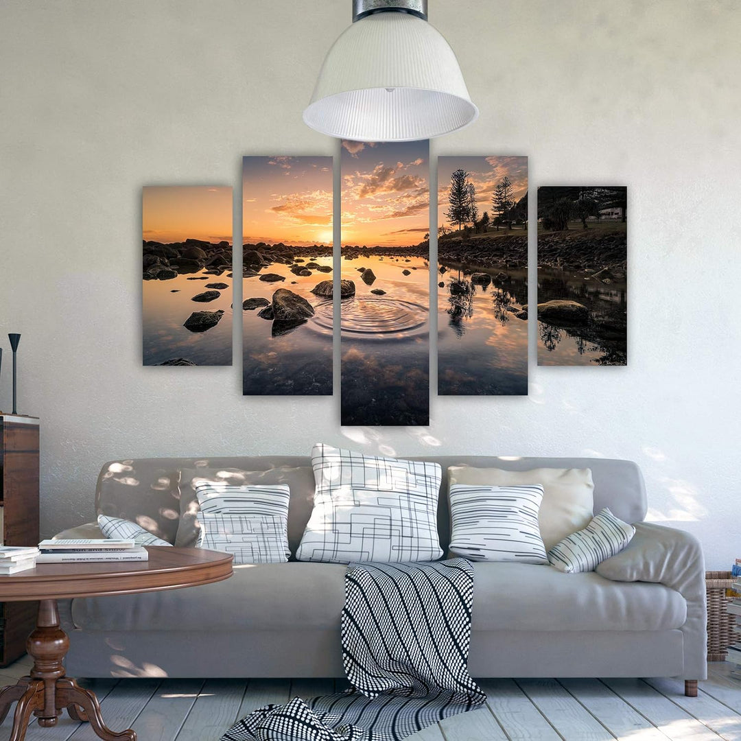 Feeby Bilder Sonnenuntergang 150x100 cm - Leinwandbild 5 Teilig XXL Kunstdruck orange Leinwandbild X