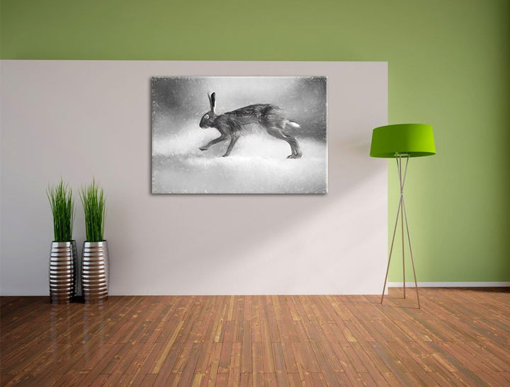 Pixxprint hoppelnder Hase / 100x70cm Leinwandbild bespannt auf Holzrahmen/Wandbild Kunstdruck Dekora