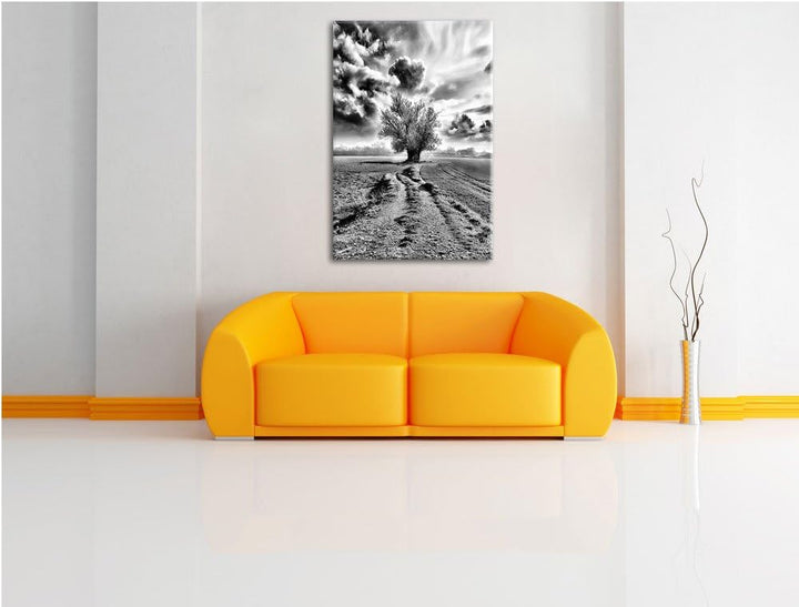 Pixxprint Pinkes Feld mit pinkem Baum als Leinwandbild | Grösse: 100x70 | Wandbild| Kunstdruck | fer