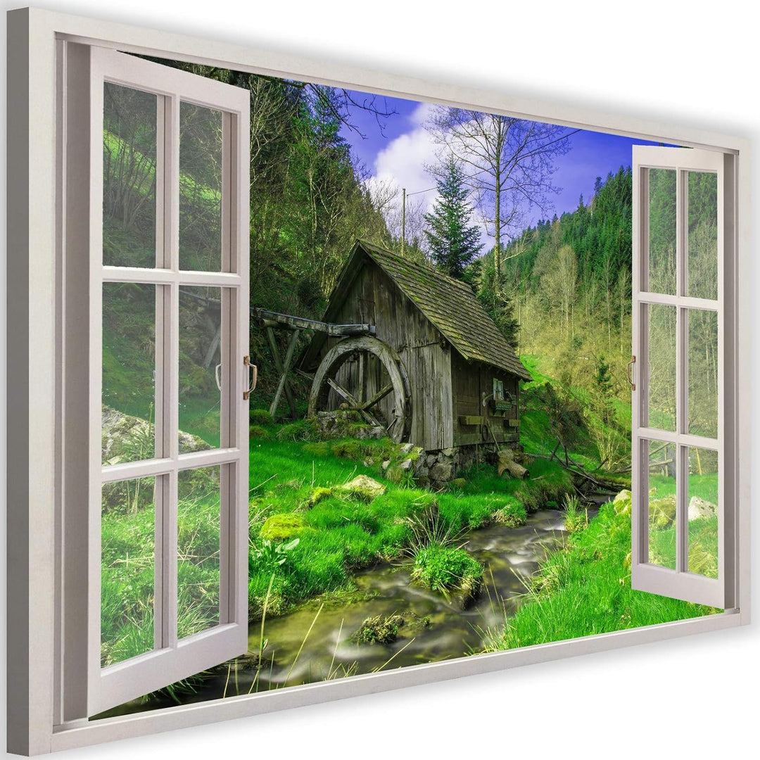 Feeby Vlies Leinwandbild Offenes Fenster 3D-Illusion 90x60 cm Druckbild Wandbild Wanddekoration Deko