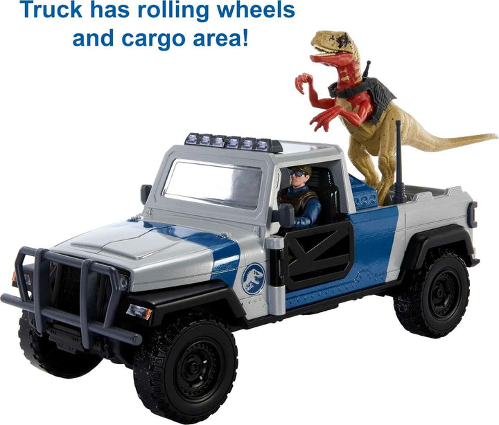 Jurassic World Truck Set Atrociraptor Dinosaurier & Menschliche Figur Filmfahrzeug mit Destruct Smas