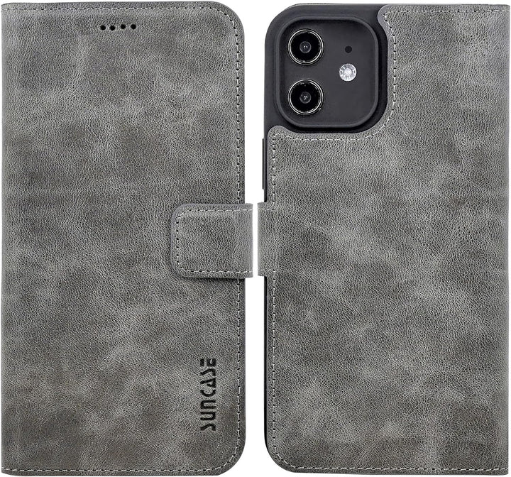 Suncase Book-Style Hülle kompatibel mit iPhone 12 Mini (5.4") Leder Tasche (Slim-Fit) Lederhülle Han