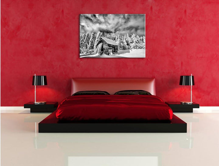 Pixxprint Holzhütte im Schnee / 100x70cm Leinwandbild bespannt auf Holzrahmen/Wandbild Kunstdruck De