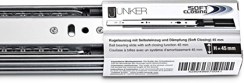 Junker 1 Ve (15 Paar) Vollauszüge KV1-45-H45-L300-SC 300 mm 45 Kg Tragkraft Schubladenschiene mit So