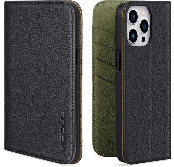 VISOUL iPhone 13 Pro Max Hülle, Stossfeste Handyhülle [100% Rindsleder] [RFID Schützt] [Kartenfächer