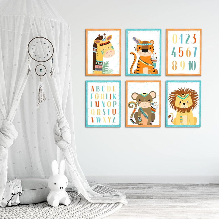 FERTIG ZUM AUFHÄNGEN Wandbilder Set - Babyzimmer Junge Mädchen - Kinderzimmer Poster Tiere - Indiane