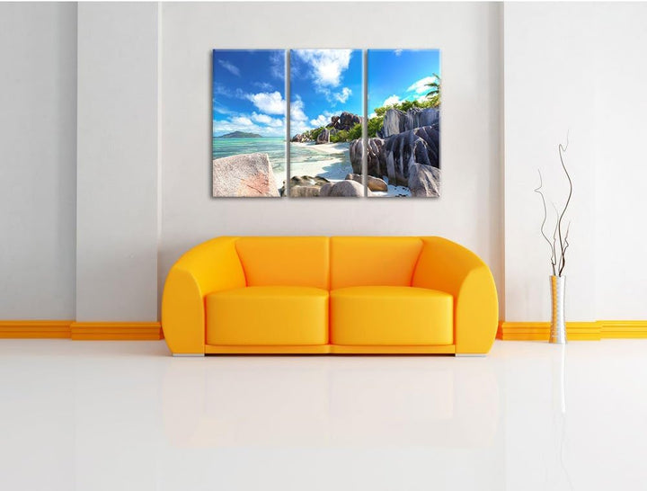 Pixxprint Seychellen Strand als Leinwandbild | Grösse: 3 Teilig (120x80) | Wandbild| Kunstdruck | fe