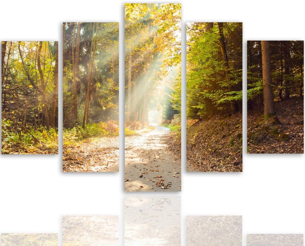 Feeby Wandbild XXL 5 Teilig Landschaft Leinwandbild Wald Blätter Bäume gelb 300x140 cm Leinwandbild