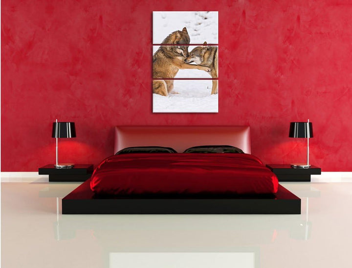 Pixxprint spielendes Wolfsrudel 3-Teiler Leinwandbild 120x80 Bild auf Leinwand