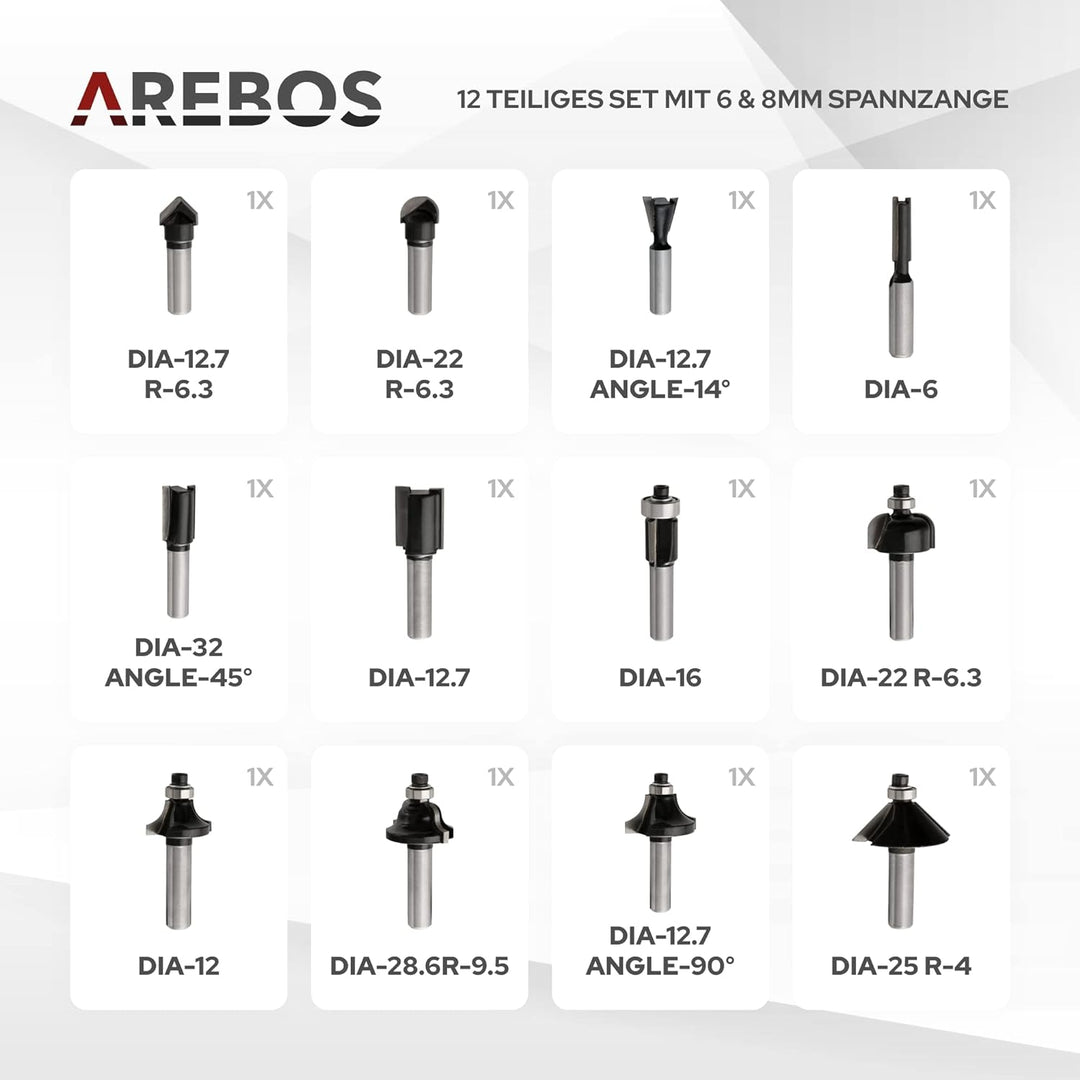 Arebos Oberfräse mit Koffer (1200 W, Ø 6 und 8 mm, Drehzahlregelung, Parallelanschlag, Reduzierstück