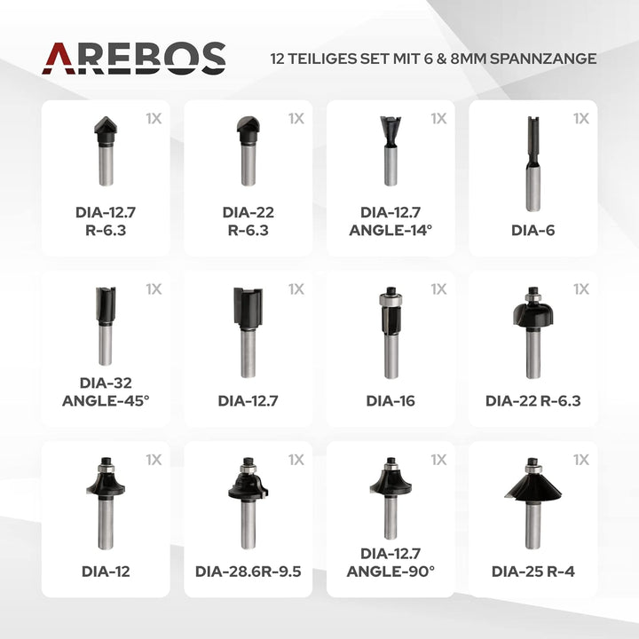 Arebos Oberfräse mit Koffer (1200 W, Ø 6 und 8 mm, Drehzahlregelung, Parallelanschlag, Reduzierstück