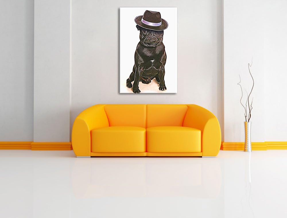 Mops mit Mafia Hut Deluxe Format: 100x70 cm auf Leinwand, XXL riesige Bilder fertig gerahmt mit Keil
