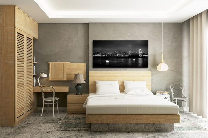 Grossstadt bei Nacht Panorama 80x40 cm Effekt: Schwarz/Weiss als Leinwandbild, Motiv fertig gerahmt