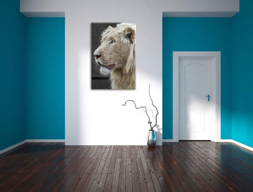 stolzer weisser Löwe schwarz/weiss auf Leinwand, XXL riesige Bilder fertig gerahmt mit Keilrahmen, K