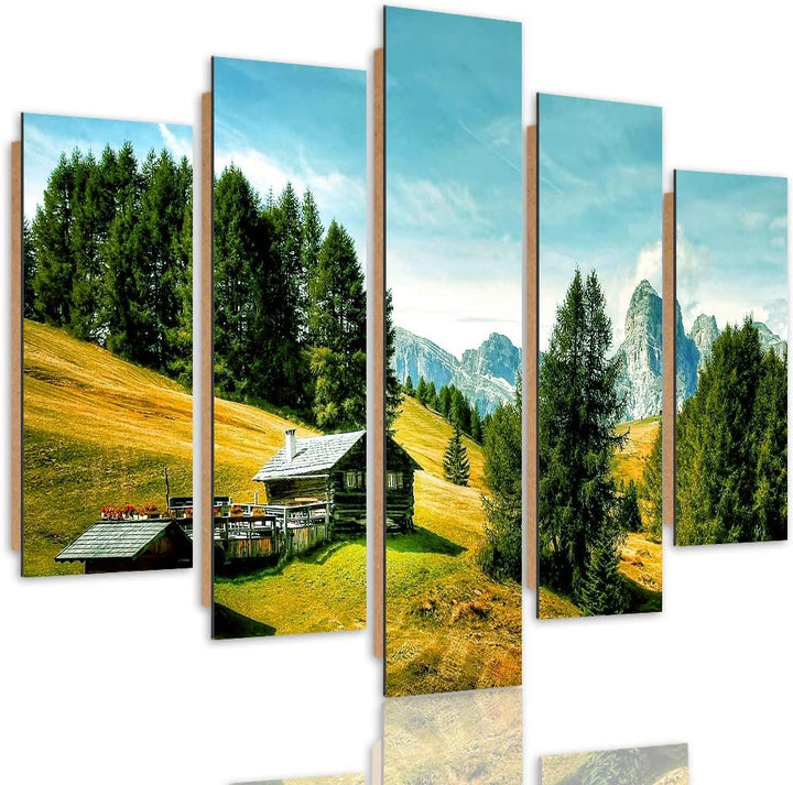 Feeby Wandbild Berge 200x100 cm Deco Panel 5 Teilig XXL Kunstdruck Hütte Bäume grün Deco panel XXL 2