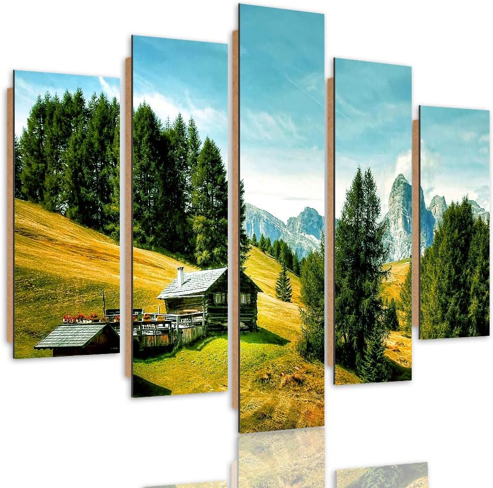 Feeby Wandbild Berge 150x100 cm Deco Panel 5 Teilig XXL Kunstdruck Hütte Bäume grün Deco panel XXL 1
