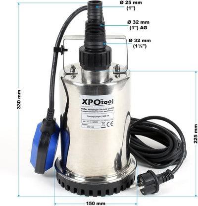 XPOtool Tauchpumpe bis 7500l/h, max. Förderhöhe 6,5m, Schmutzwasserpumpe 400W, Fremdkörper bis 5mm