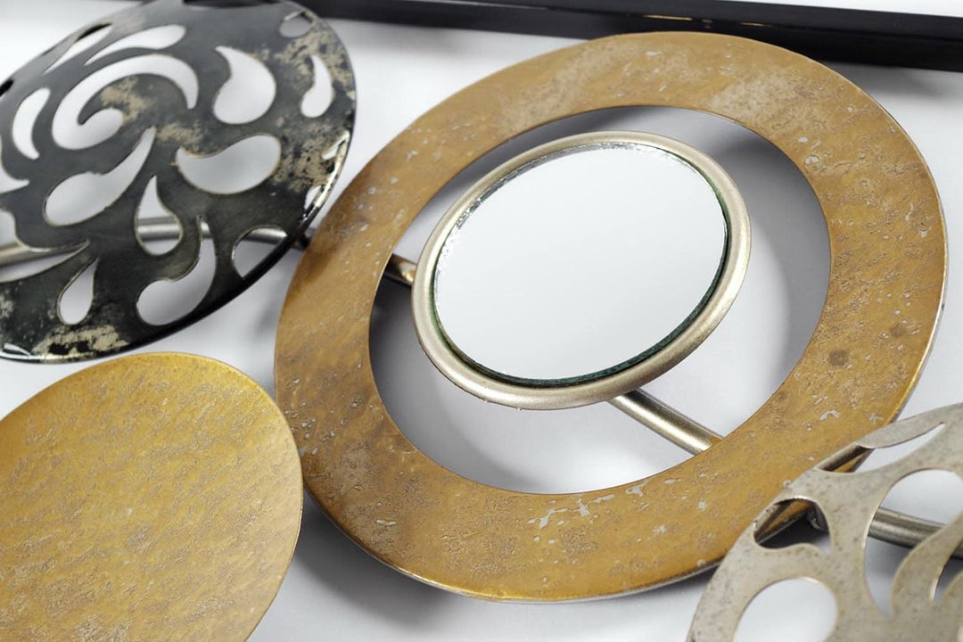 Kobolo Metall-Wandbild Wanddeko Metallbild - mit Ringen, Kreisen und Spiegeln - 90x31 cm