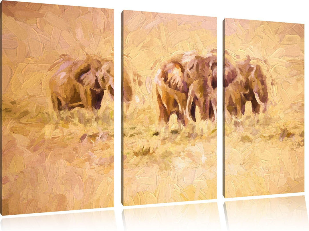 Pixxprint Elefanten in Südafrika / 3-Teilig/Gesamtmass 120cm Leinwandbild bespannt auf Holzrahmen/Wa