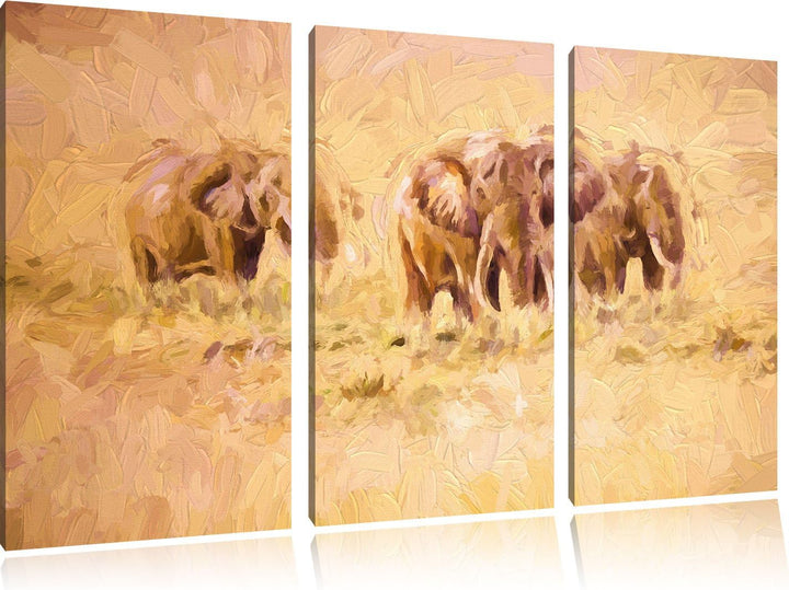 Pixxprint Elefanten in Südafrika / 3-Teilig/Gesamtmass 120cm Leinwandbild bespannt auf Holzrahmen/Wa