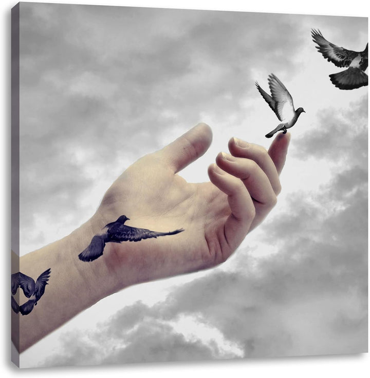 Pixxprint Vögel fliegen in die Freiheit Schwarz/Weiss, Format: 70x70 auf Leinwand, 70x70