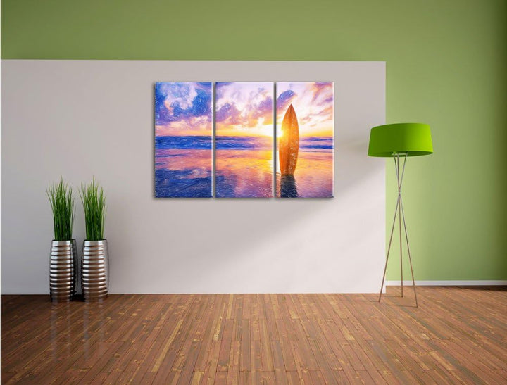 Pixxprint Surfbrett am Strand als Leinwandbild/Grösse: 3 Teilig (120x80 cm) cm/Wandbild/Kunstdruck/f