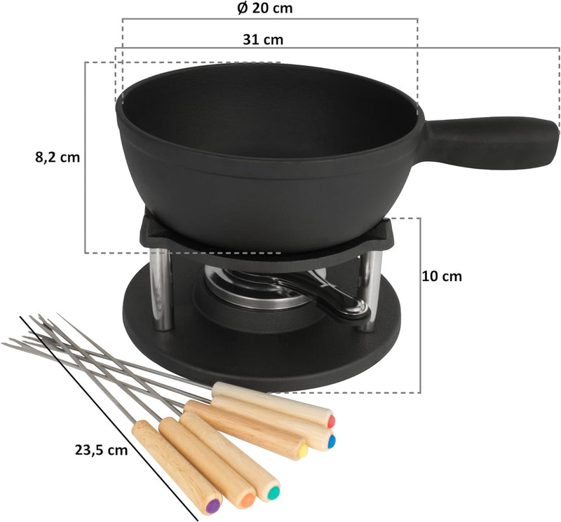 BBQ-Toro Gusseisen Fondue Set für 6 Personen | 2 Liter | Fondueset 9 teilig mit Brenner und Gabeln |