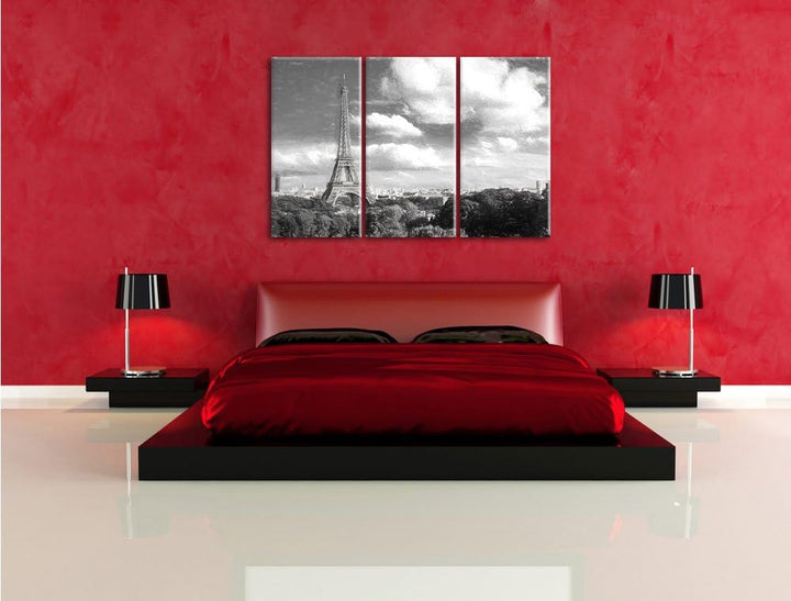 Pixxprint Riesiger Eiffelturm in Paris Kohle Zeichnung Effekt 3-Teiler Leinwandbild 120x80 Bild auf