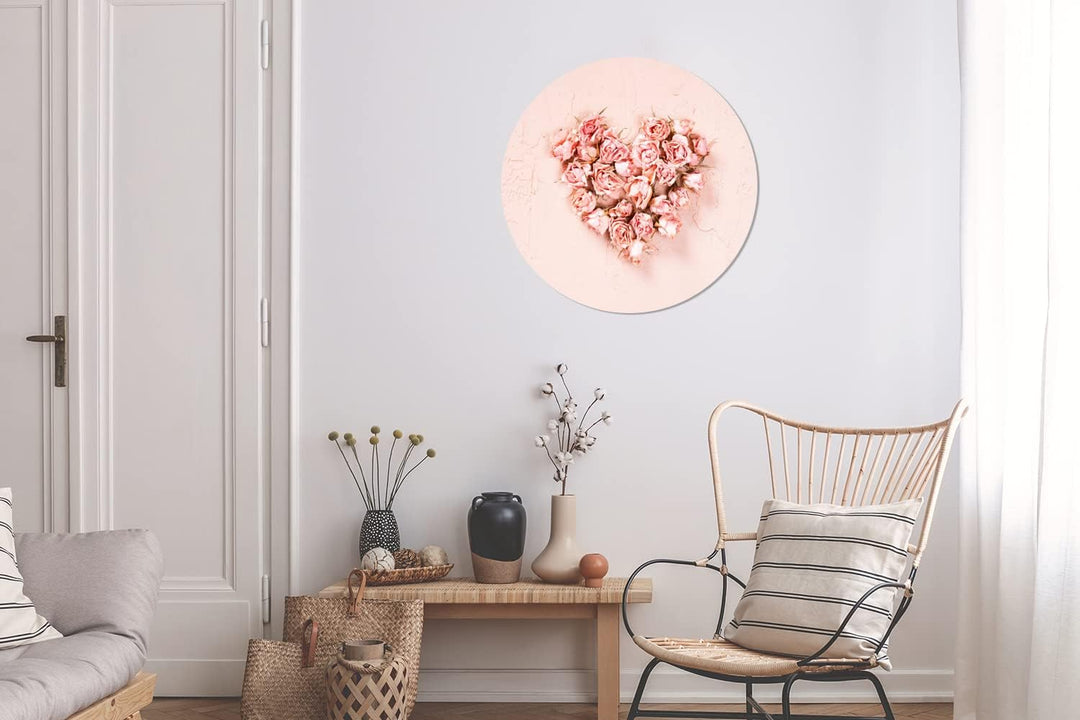 MuchoWow Wandbild Rund Wanddeko Deko Wohnzimmer Bilder 60x60 cm Herz - Blumen - Rosa, 60x60 cm