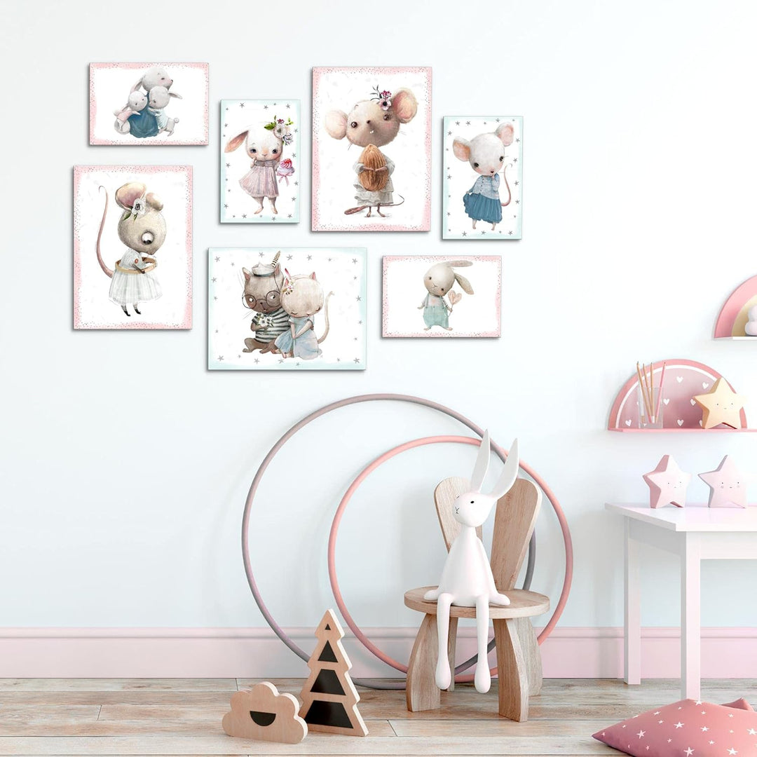 Novart Wandbilder Tiere - KOMPLETT AUFHÄNGFERTIG - Mäuse Rosa Kinderzimmer Mädchen- 7 Moderne Mood-B