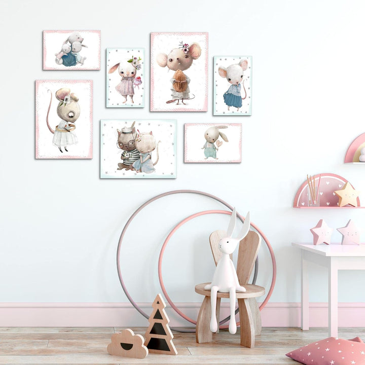 Novart Wandbilder Tiere - KOMPLETT AUFHÄNGFERTIG - Mäuse Rosa Kinderzimmer Mädchen- 7 Moderne Mood-B