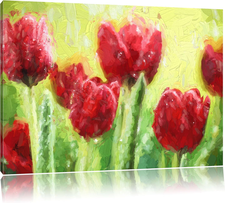 Pixxprint Rote Tulpen mit Tropfen bedeckt Pinsel Effekt, Format: 100x70 auf Leinwand, XXL riesige Bi