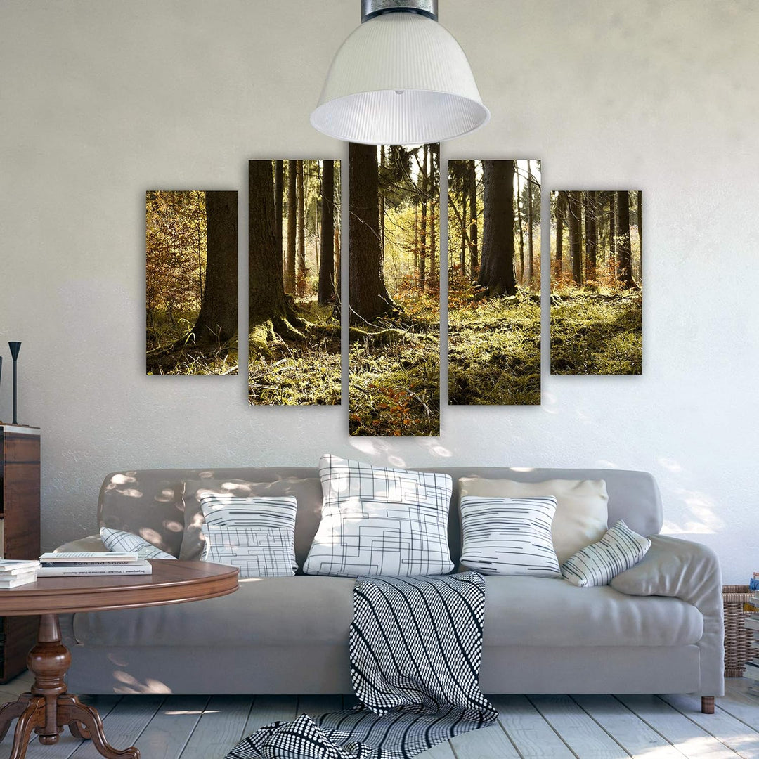 Feeby Bild auf Leinwand Natur 5 Teilig Modern Landschaft Wald Bäume orange 200x100 cm Leinwandbild 2