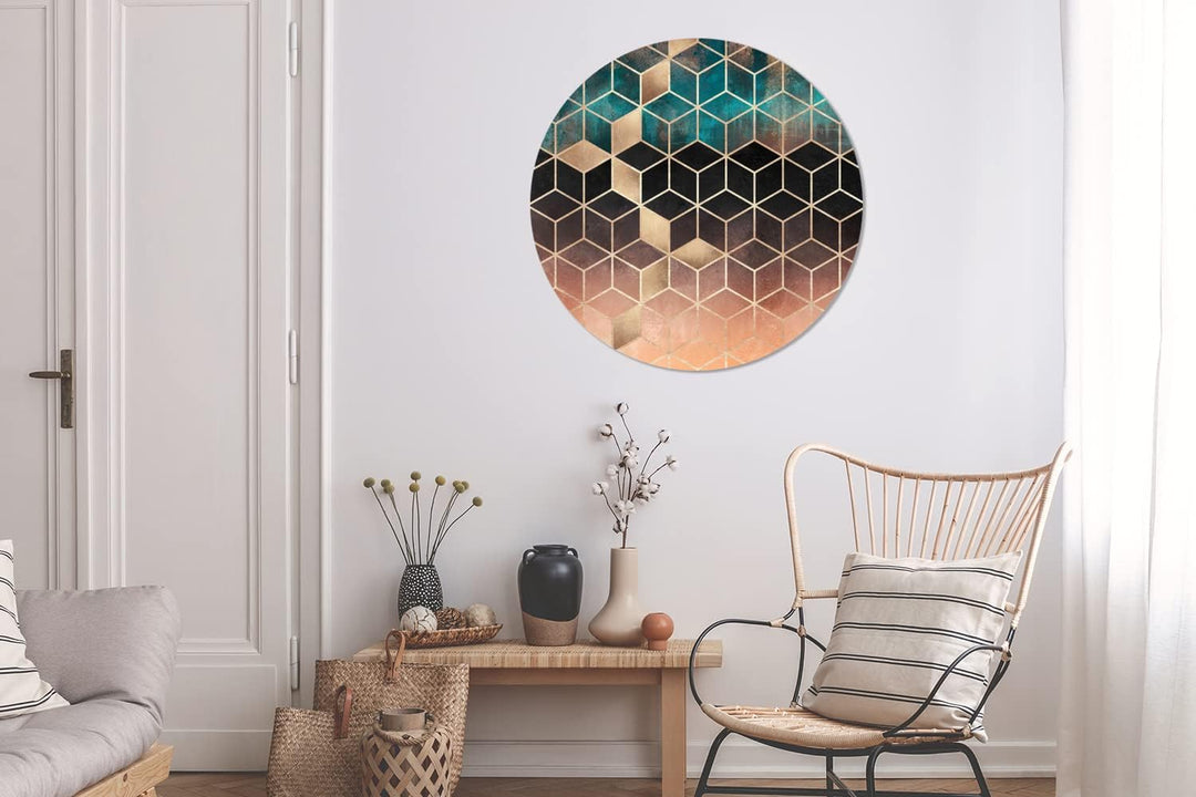 Wandbild Rund Wanddeko Deko Wohnzimmer Bilder 90x90 cm Abstrakt - Würfel - Gold - Muster - Luxus, 90