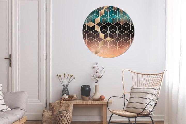 Wandbild Rund Wanddeko Deko Wohnzimmer Bilder 90x90 cm Abstrakt - Würfel - Gold - Muster - Luxus, 90