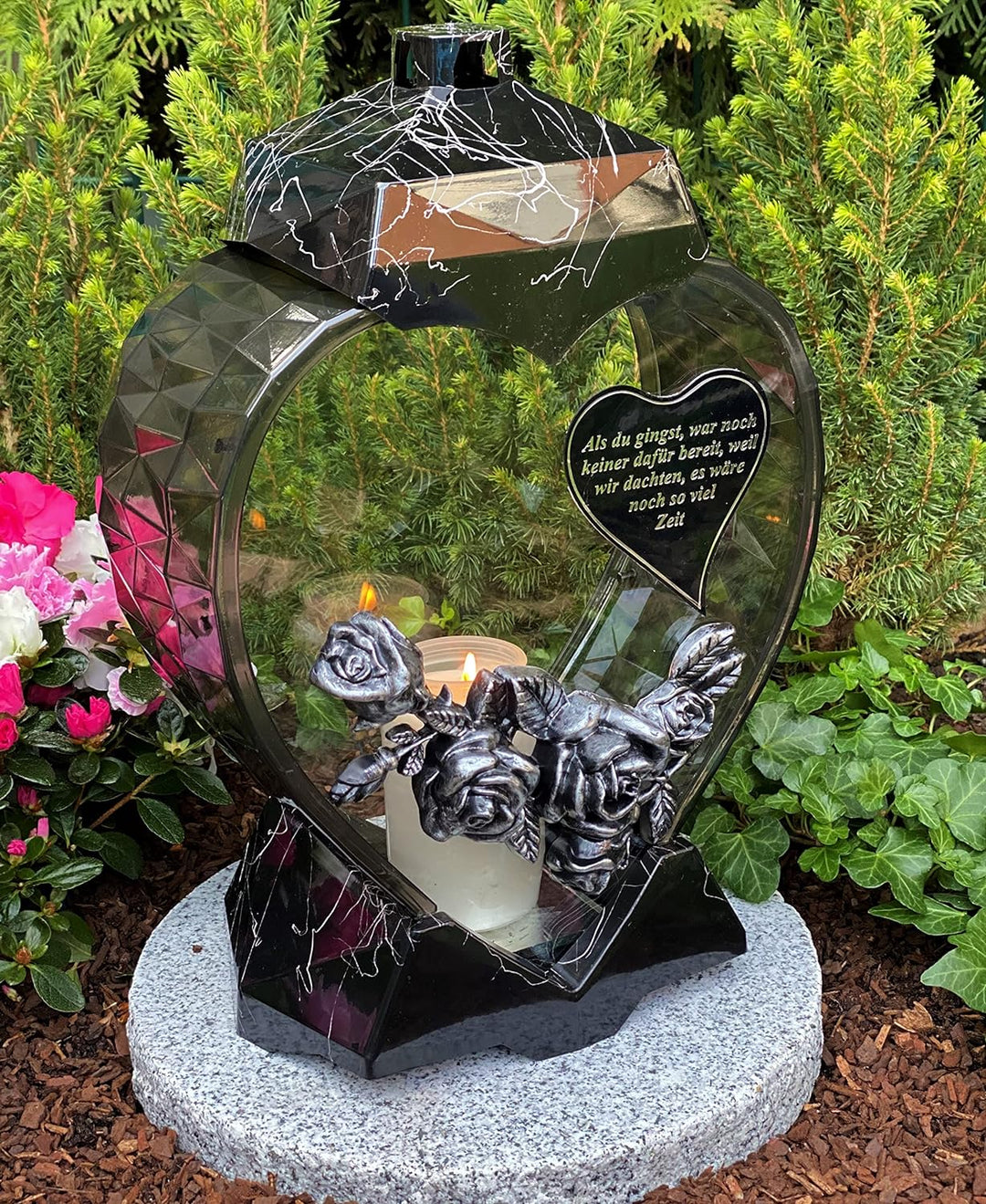 Garten Paradies Handmade Grablampe Laterne Herz Form mit Beschriftung - Grablicht Kerze Grabkerze Gr