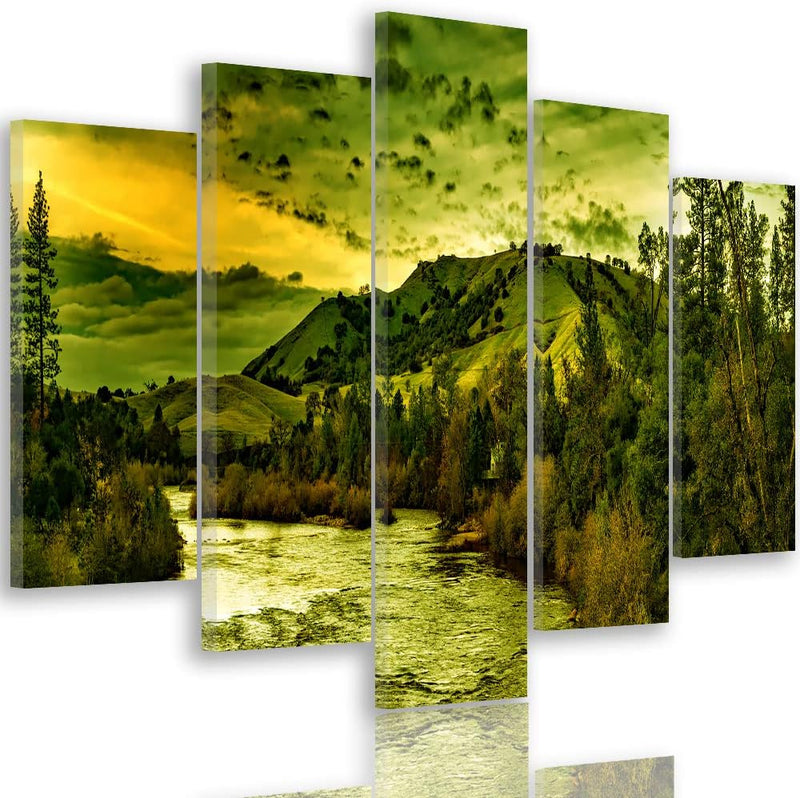 Bilder Natur 250x120 cm - Leinwandbild 5 Teilig XXL Kunstdruck Fluss Wald grün Leinwandbild XXL 250x