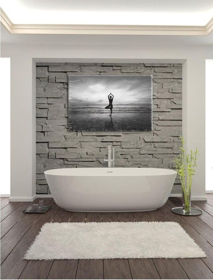 Pixxprint Yoga am Strand Kunst / 100x70cm Leinwandbild bespannt auf Holzrahmen/Wandbild Kunstdruck D