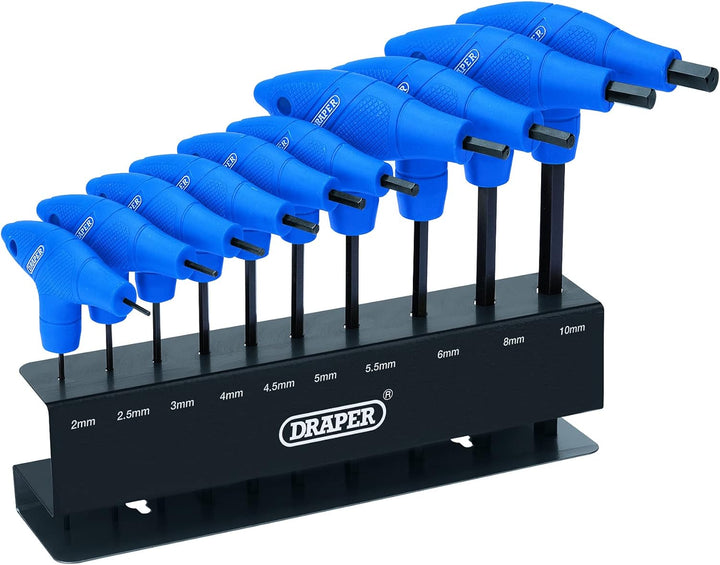 Draper 33869 Metrischer T-Griff Sechskant-Inbusschlüssel-Werkzeugsatz mit Gestell, 10 Stück 1 Blau,