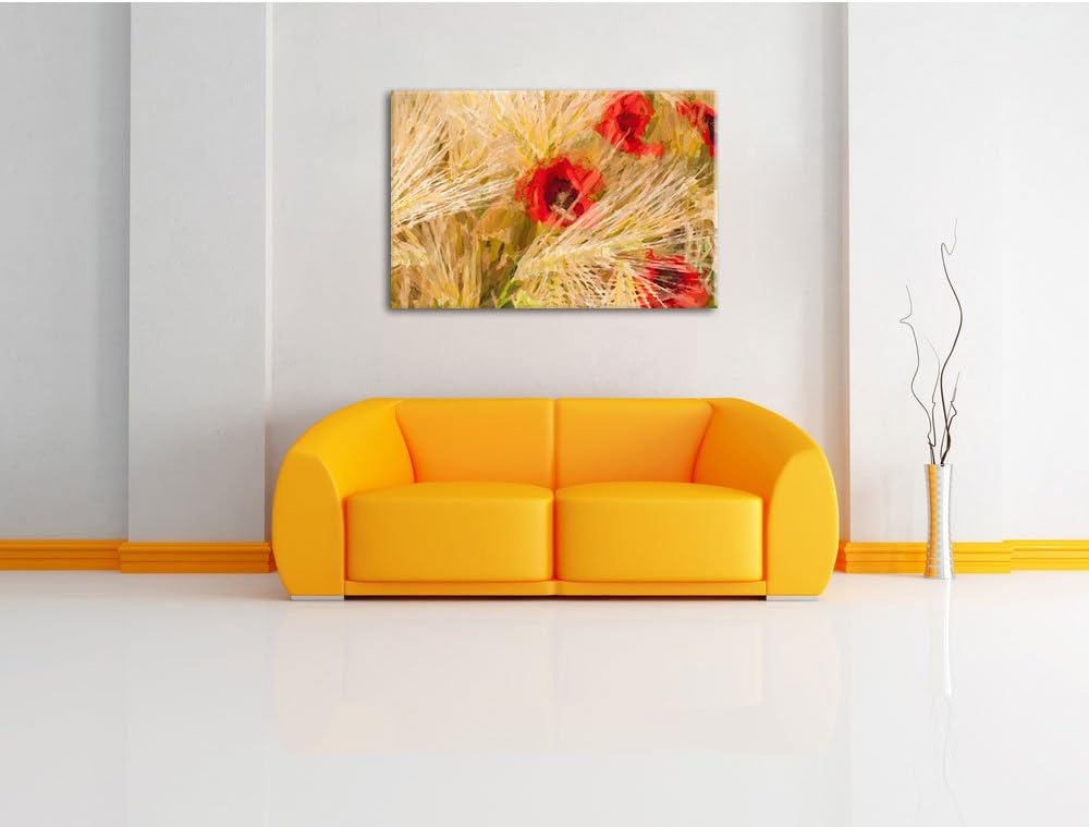 Pixxprint rote Mohnblumen auf dem Mais-Feld Kunst Pinsel Effekt, Format: 100x70 auf Leinwand, XXL ri