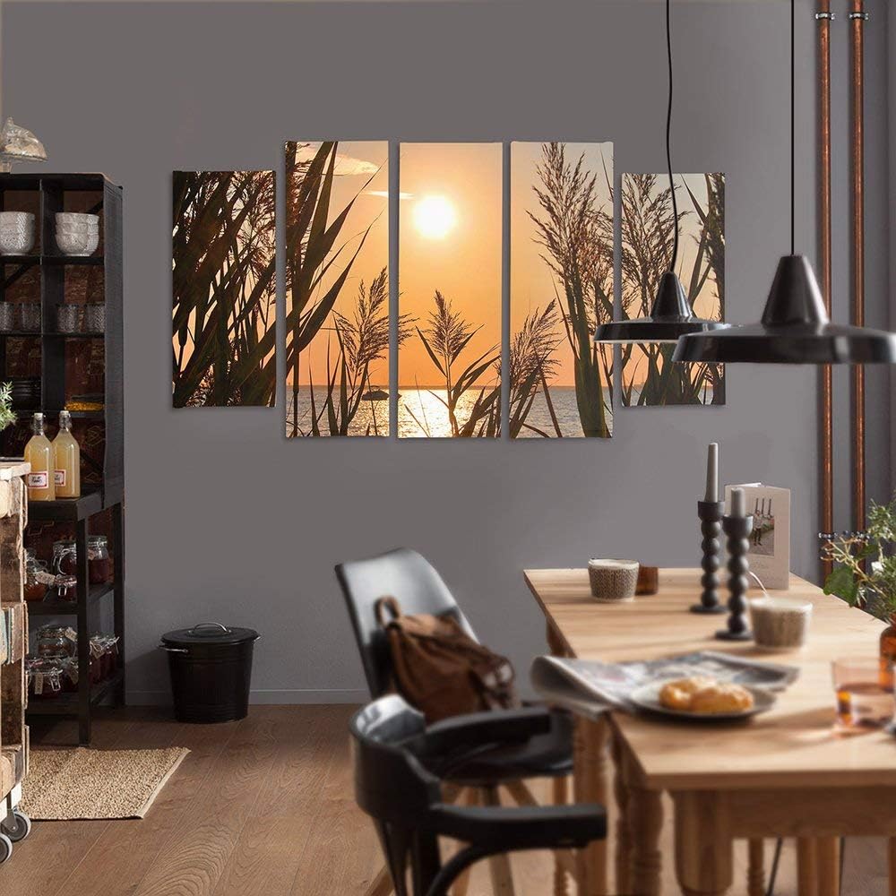 Feeby Frames, Leinwandbild Bilder Wand Bild - 5 Teile - Wandbilder Kunstdruck (SONNENUNTERGANG, GOLD