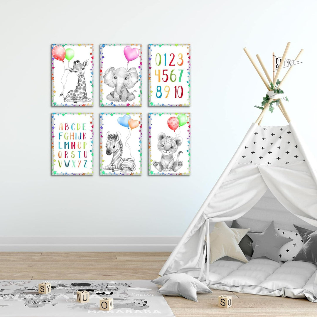 Novart Wandbilder Set - KOMPLETT AUFHÄNGFERTIG - Made in Germany - Moderne Bilder Tiere Kinderzimmer