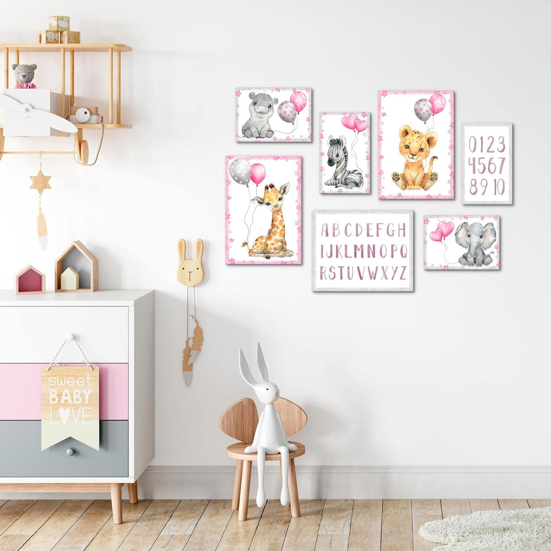 Novart Wandbilder Tiere - KOMPLETT AUFHÄNGFERTIG - Afrika Rosa Kinderzimmer Mädchen- 7 Moderne Mood-