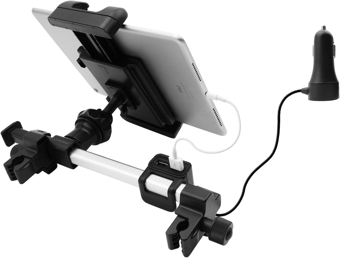 Macally Auto-Kopfstützen Tablet-Halterung mit USB-Lade-Hub & Zigarettenanzünder-Adapter – lädt 4 Ger