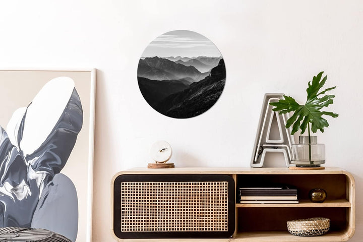 MuchoWow Wandbild Rund Wanddeko Deko Wohnzimmer Bilder 30x30 cm Berge - Natur - Nebel, 30x30 cm