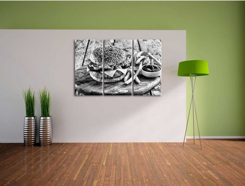Pixxprint Chickenburger Pommes als Leinwandbild/Grösse: 3 Teilig (120x80 cm) cm/Wandbild/Kunstdruck/