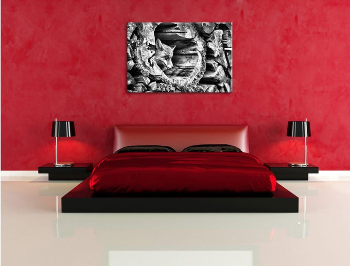 Pixxprint Fuchs im Baumstamm als Leinwandbild/Grösse: 100x70 cm/Wandbild/Kunstdruck/fertig bespannt,